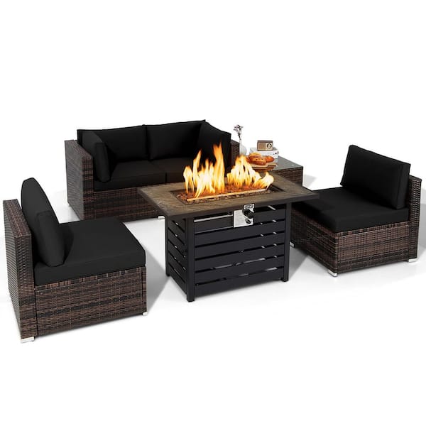 Costway 6-Piece Plastic Wicker Patio Conversation Set with Black Cushion 42 in. Fire Pit Table