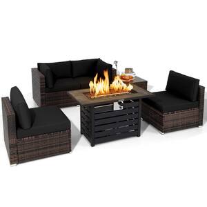 6-Piece Plastic Wicker Patio Conversation Set with Black Cushion 42 in. Fire Pit Table