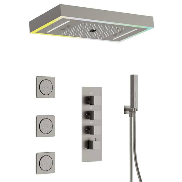25 in. 3-Spray Ceiling Mount Thermostatic LED Music Dual Fixed and Handheld Shower Head 2.5 GPM in Brushed Nickel