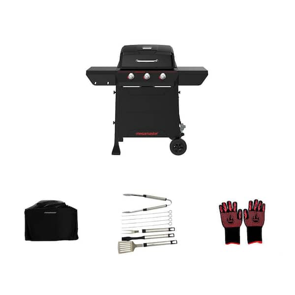 3-Burner Black Gas Grill, 49 in. Cover, 8-Piece Tool Set, and Heat Resistant Gloves Combo