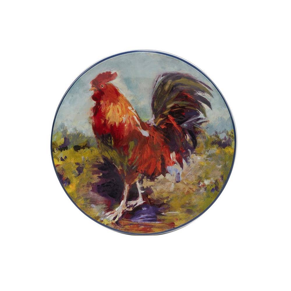 Colorful Ceramic Round Salad Plates with Rooster Design, Set of Four
