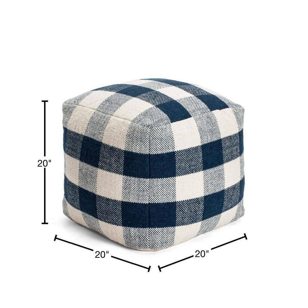 Midnight Blue and Ivory Square Wool-Cotton Blend Pouf
