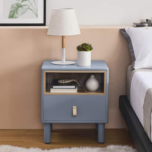 CSC DECOR INC Modern Blue 1-Drawer 18.9 in. W Wood Nightstand Compact Side Table with Open Storage Shelf Nordic Bedside Table