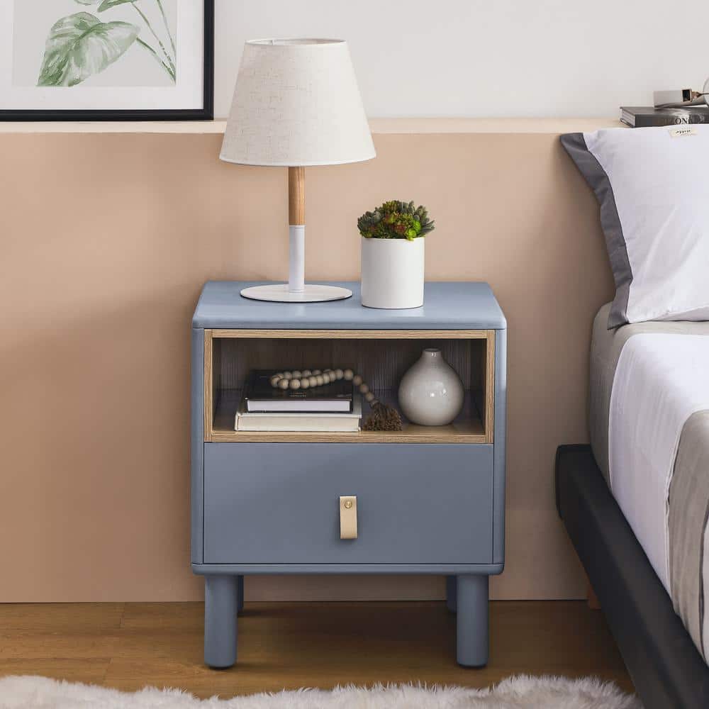 Modern Blue 1-Drawer 18.9 in. W Wood Nightstand Compact Side Table with Ope