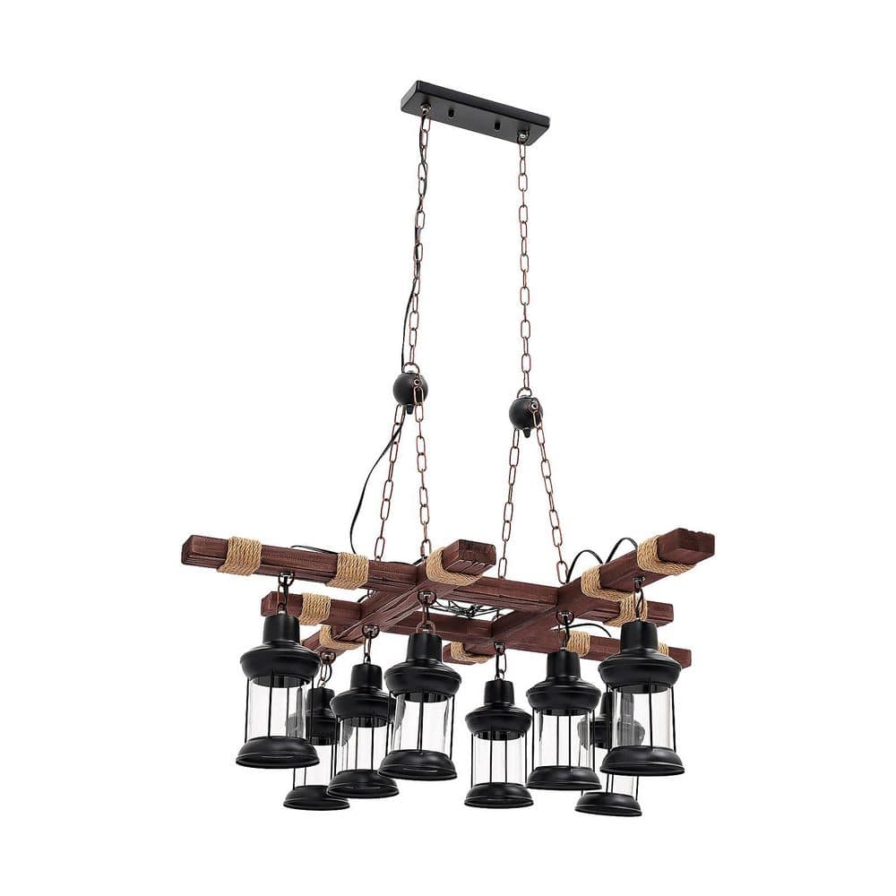OUKANING 39 in. 8-Light Vintage Industrial Brown Wooden Farmhouse