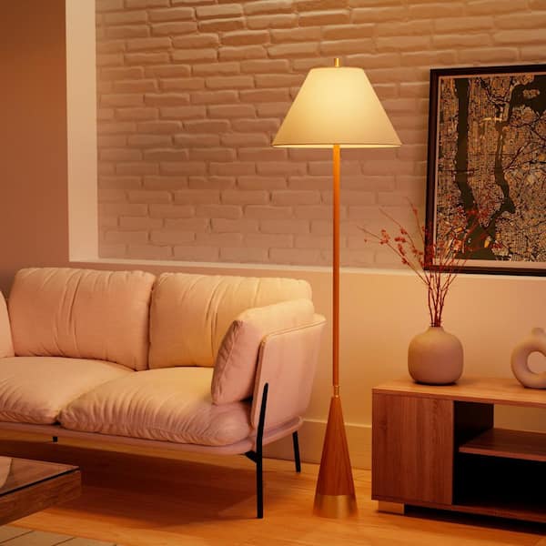 Eloise 63 in. Wood Toned Floor Lamp with Matte Brass and White Tapered Fabric Shade