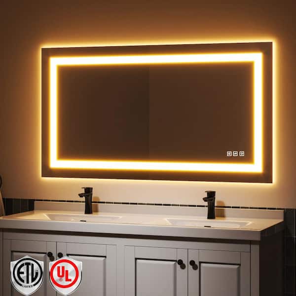 55 in. W x 30 in. H Rectangular Frameless LED Light Anti-Fog Bathroom Wall Mirror with Backlit and Front Light