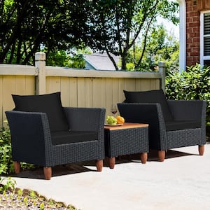 3-Pieces Patio Rattan Conversation Furniture Set Yard Outdoor with Black Cushions