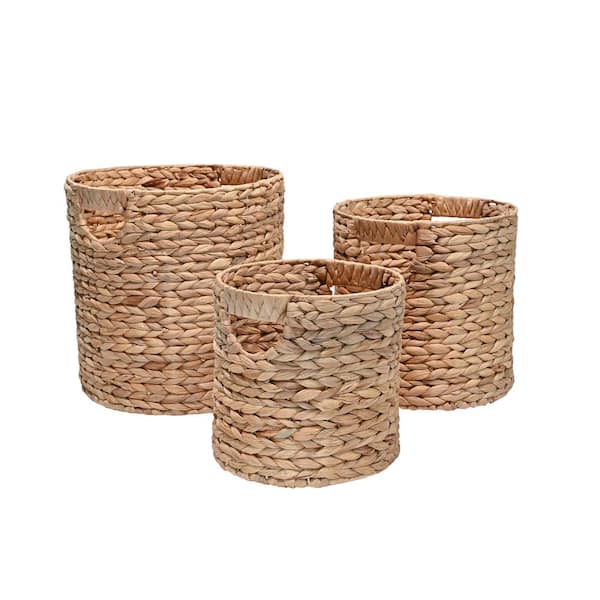 Avery 12.99 in. x 12.99 in. Cottage Metal/Hyacinth Cylinder Natural Nesting Decorative Baskets with Handles (Set of 3)