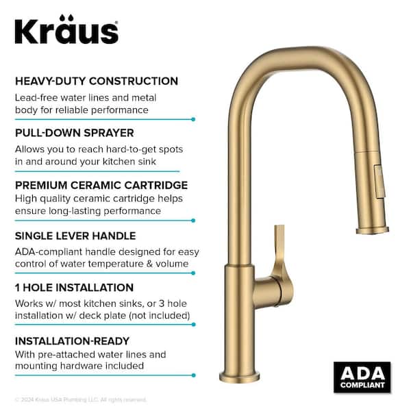 KRAUS Torak 2-Function Spot Free Brushed Brass 16.25 in. H Pull