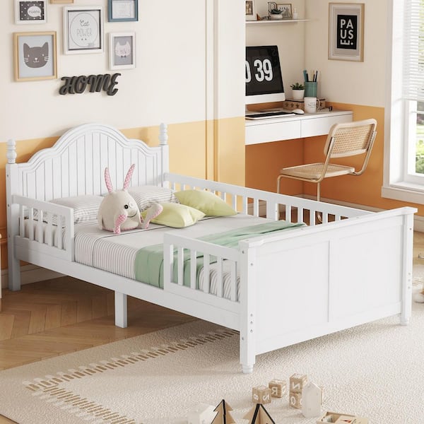 Whitney White Kids Bed Wood Frame Twin Size Platform Bed with Headboard, Footboard, and Guardrails