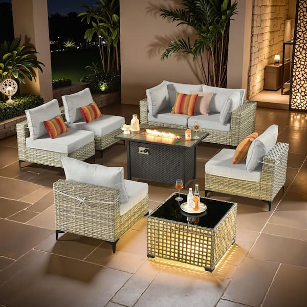 Coralia Gray 8-Piece Wicker Patio Conversation Sets With Fire Pit Table, Light Gray Cushion and Lighted Coffee Table