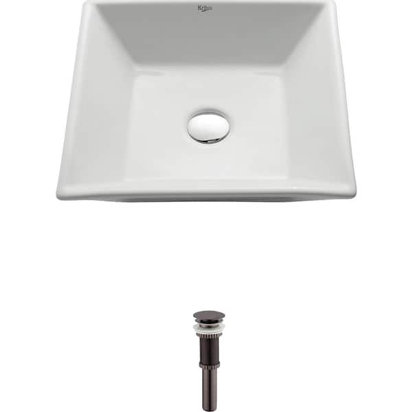 KRAUS Flat Square Ceramic Vessel Bathroom Sink in White with Pop Up Drain in Oil Rubbed Bronze