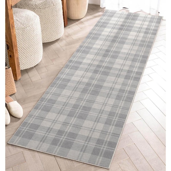 Light Grey 2 ft. 3 in. x 7 ft. 3 in. Runner Apollo Plaid Farmhouse Geometric Area Rug