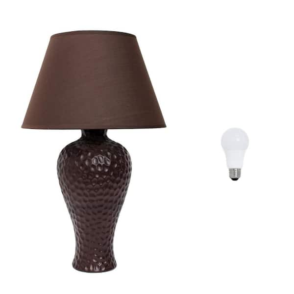 Simple Designs 20.08 in. Textured Stucco Curvy Ceramic Table Lamp with LED Bulb Brown