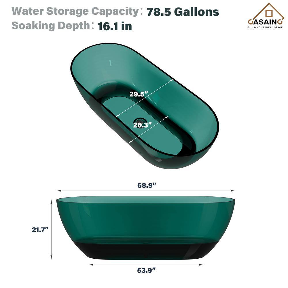 69'' Ocean Blue Transparent Resin Freestanding Soaking Bathtub