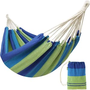 3.8 ft. 2-Person Brazilian Hammock Portable Hammock Extra Large Canvas Hammock with Carry Bag (Blue and Green Stripes)