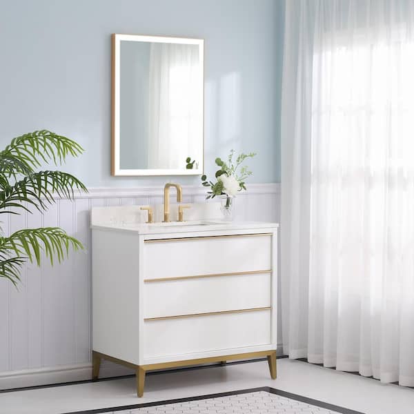 36 in. W x 22 in. D x 35 in. H Single Sink Freestanding Bath Vanity in White with Carrera White Quartz Top, 3-Drawer