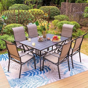 Black 7-Piece Metal Slat Rectangle Table Outdoor Patio Dining Set with High Back Padded Textilene Chairs