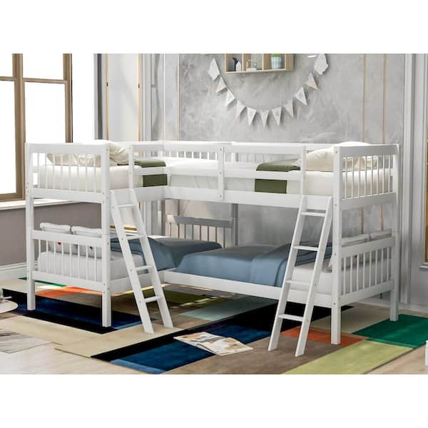 L-Shaped Bunk Bed Twin Over Twin, Quad Bunk Bed with Guardrail and Angle Ladder, Wood Twin Bunk Beds for 4, Corner Bunk