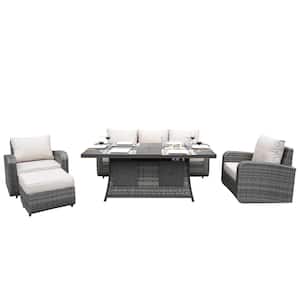 Jessica 5-Piece Wicker Patio Conversation Set with Firepit Table with Gray Cushions