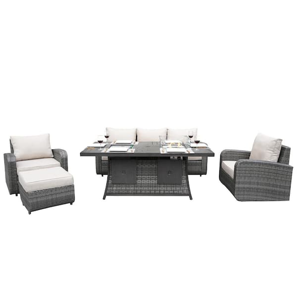 DIRECT WICKER Jessica 5-Piece Wicker Patio Conversation Set with Firepit Table with Gray Cushions
