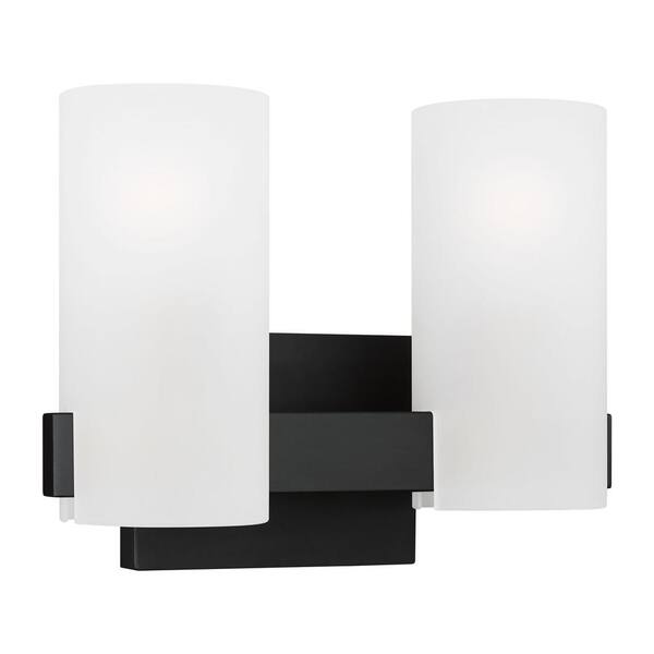 SCOTT LIVING - Rhode 12.13 in. 2-Light Midnight Black Medium Vanity Light with Etched Glass Shades