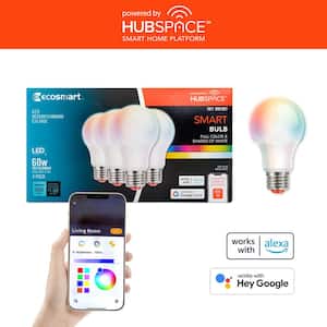 60-Watt Equivalent Smart A19 E26 Base Color Changing CEC LED Light Bulb with Voice Control (4-Bulb) Powered by Hubspace