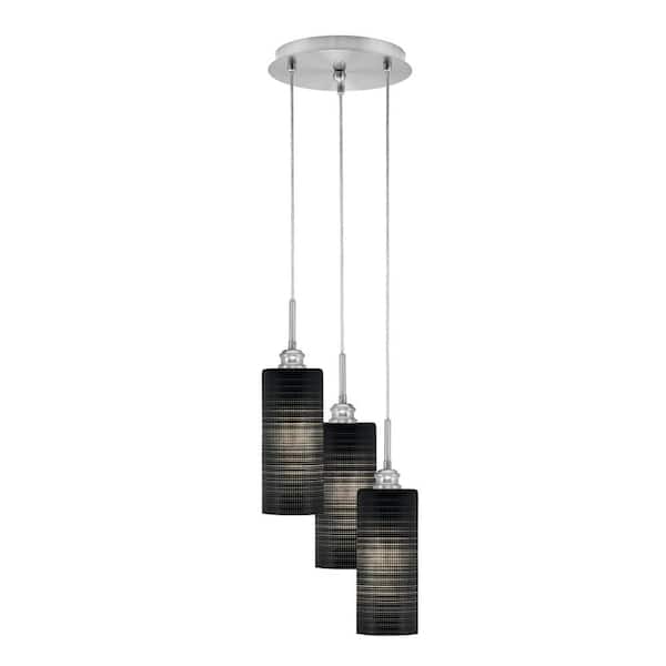 Unbranded Savannah 9.5 in. 3-Light Brushed Nickel Cord Pendant Light Black Matrix Glass Shade