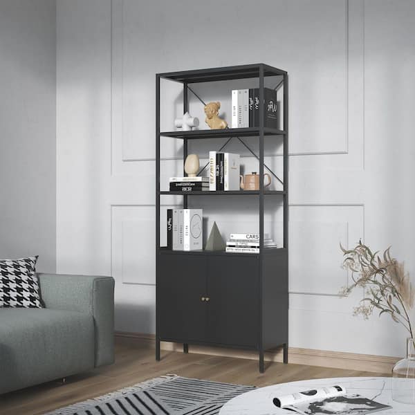 Glamour Home Benson 71.25 in. Tall Black Steel 5-Shelf 2-Door Storage Cabinet Bookcase with Open and Closed Shelving