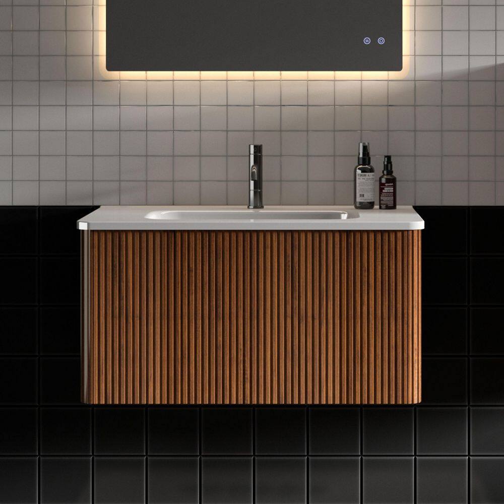 30 in. W x 18 in. D x 15.6 in. H Single Sink Floating Bath Vanity in Walnut with White Ceramic Top, U-Shape Wall Fitting price history on PriceWatchPro