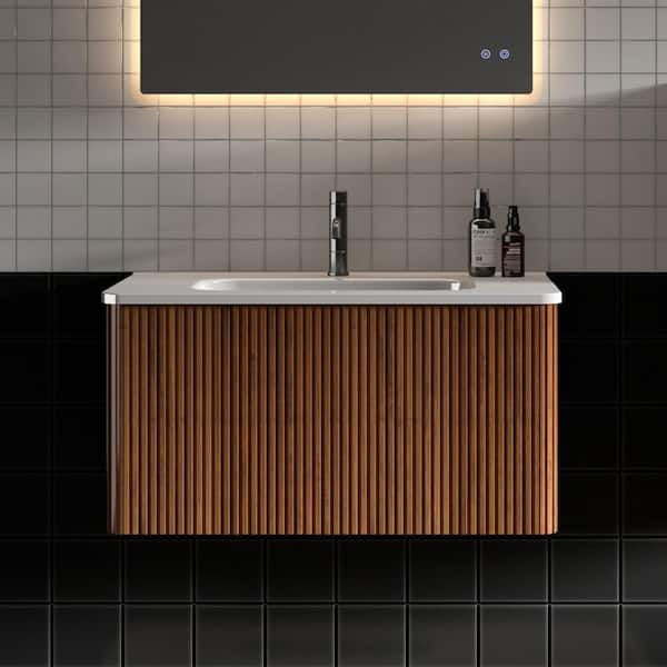 FAMYYT 30 in. W x 18 in. D x 15.6 in. H Single Sink Floating Bath Vanity in Walnut with White Ceramic Top, U-Shape Wall Fitting