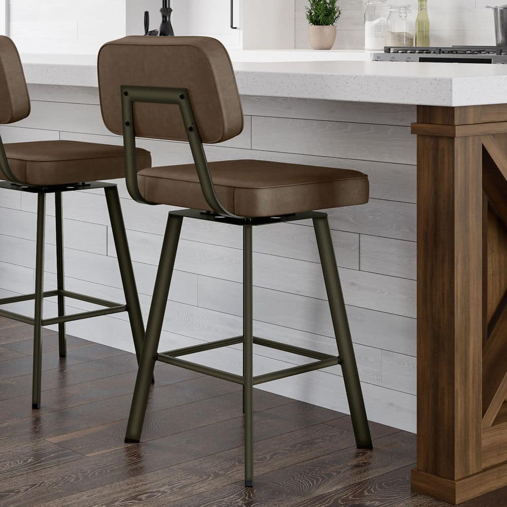 Medium Brown Gun Metal Swivel Leather Bar Stool