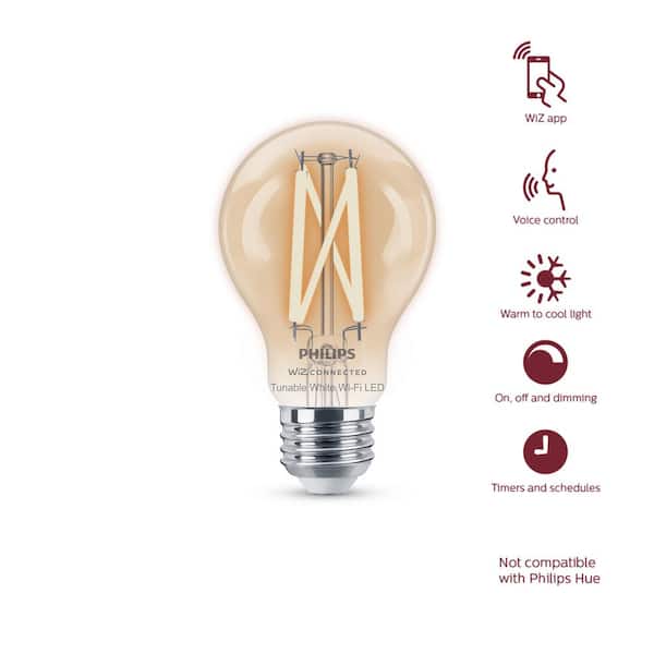 Philips 60-Watt Equivalent A19 Smart Wi-Fi LED Vintage Edison Tuneable White  Light Bulb Powered by WiZ with Bluetooth (1-Pack) 567164 - The Home Depot