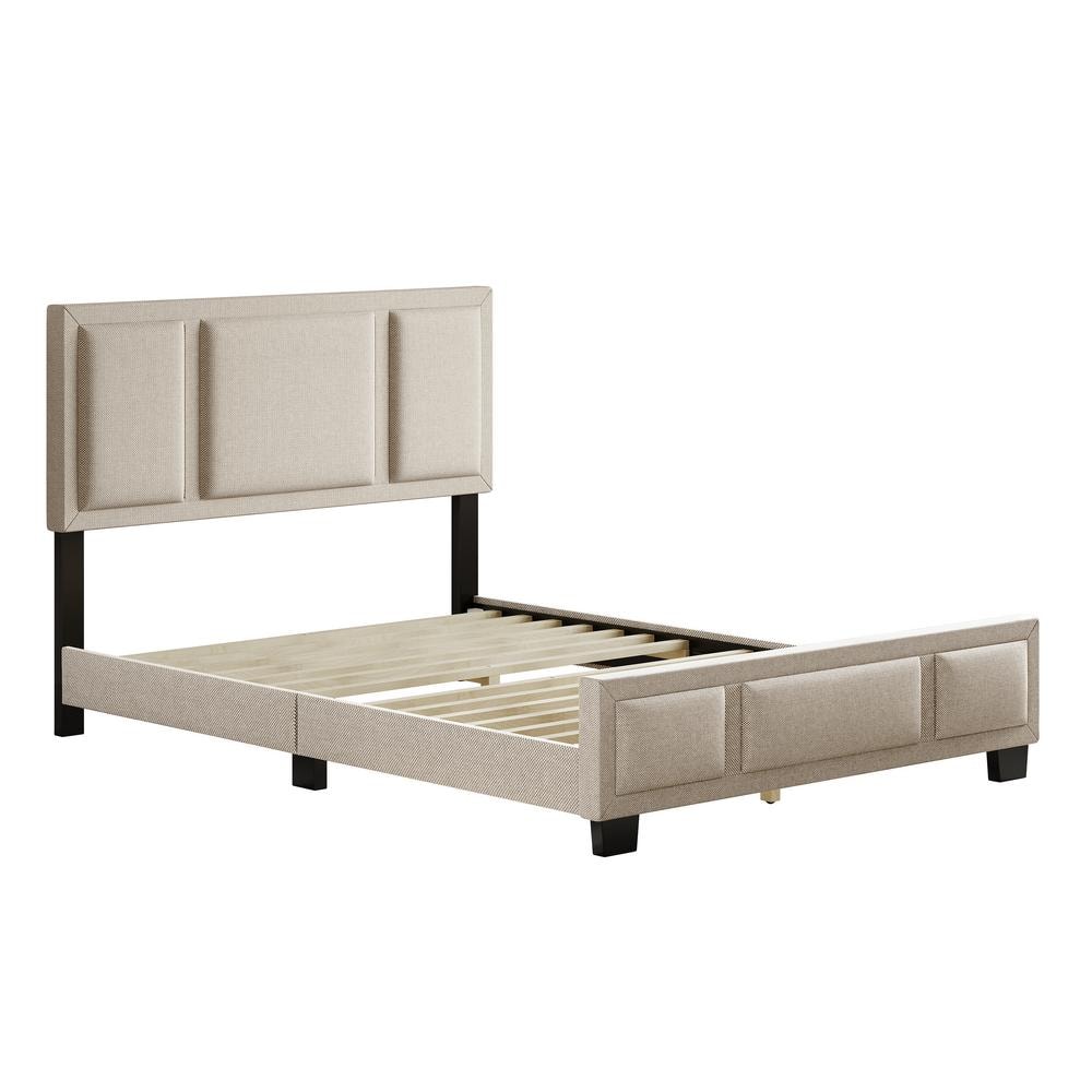 Triiptych Beige Linen Upholstered Platform Queen Bed Frame with Headboard