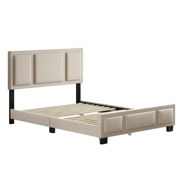 Boyd Sleep Triiptych Beige Linen Upholstered Platform Full Size Bed Frame with Headboard