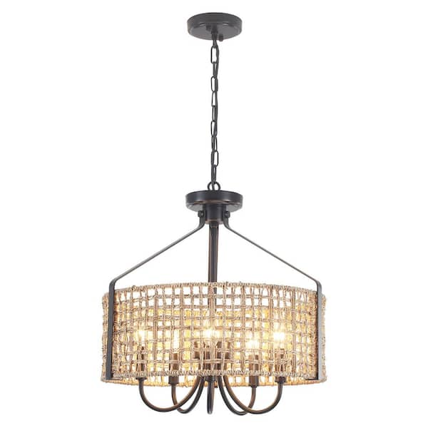 LWYTJO 5-Light Black Modern Chandelier with Seagrass Lampshade Coastal Hanging Light Fixture for Living Room