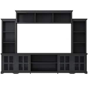 Modern Black TV Stand Fits TV's up to 70 in. with Bridge, Tempered Glass Door