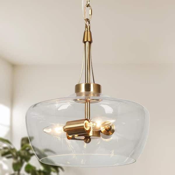 Zevni 12 in. Modern 3-Light Brass Gold Chandelier Light, Bowl Hanging Pendant with Clear Glass Hanging Ceiling Light