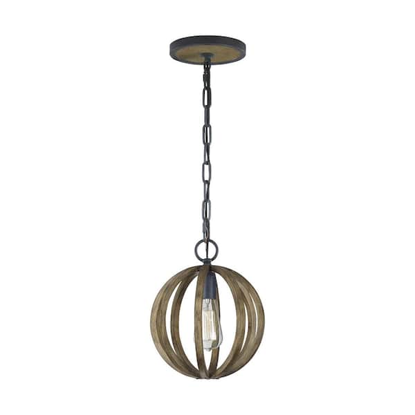 Generation Lighting Allier 1-Light Metal Painted Weathered Oak Wood/Antique Forged Iron Rustic Farmhouse Hanging Globe Pendant