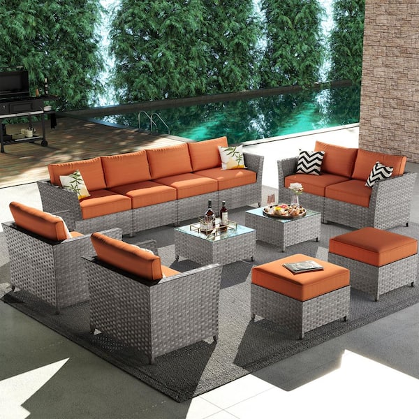 XIZZI Huron Gorden 12-Piece Wicker Outdoor Patio Conversation Sectional Sofa Set with Orange Red Cushions