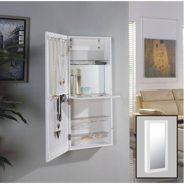 DANYA B Urban White Over the Door Jewelry and Makeup Cabinet Mirror with Interior Mirror and Drop Down Shelf