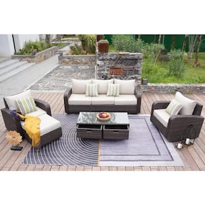 Archer Brown 5-Piece Wicker Patio Conversation Set with Beige Cushions