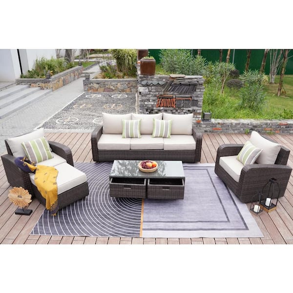 moda furnishings Archer Brown 5-Piece Wicker Patio Conversation Set with Beige Cushions