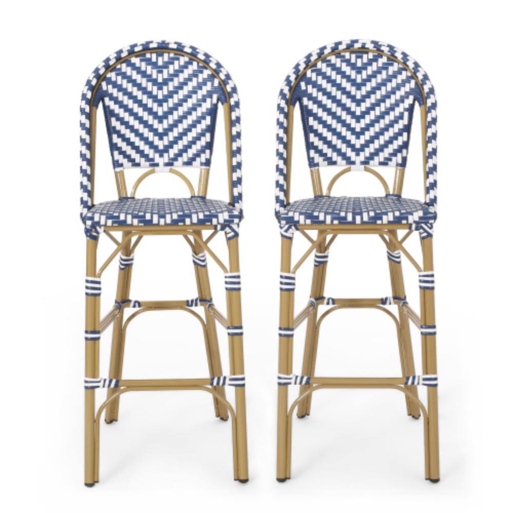 Riviera Set of 2 Aluminum 29.5 in. Patio Bar Stools with Backrest and PE Wicker Navy Blue Bamboo Finish price history on PriceWatchPro