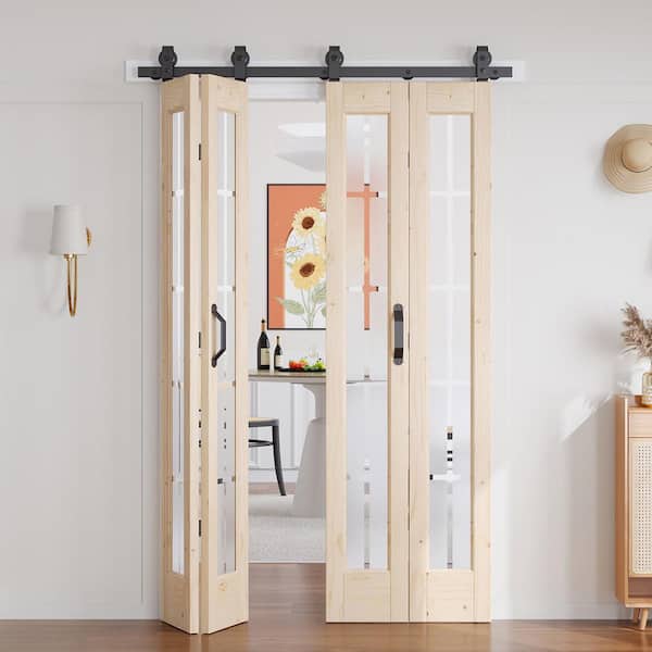 48 in. x 84 in. Full Lite Pre-Assembled Frosted Glass Solid Core Wood Bi-fold Door with Hardware