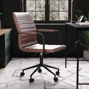 Taytum Faux Leather Adjustable Height with Wheels Office Chair in Saddle Brown Faux Leather/Oil Rubbed Bronze with Arms