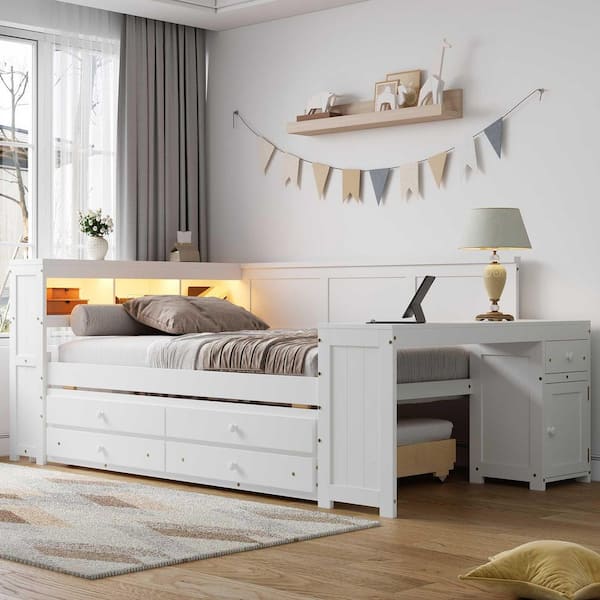 White Full Wood Daybed with Storage Shelves, Drawers, Trundle, Charging Station, LED Light, Desk and Cabinet