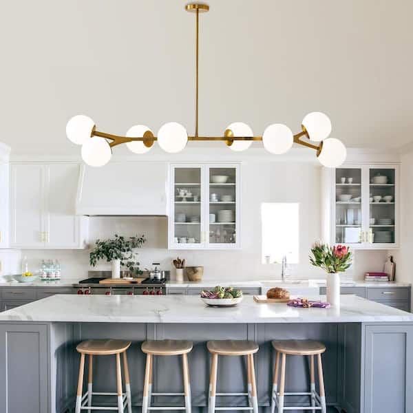 KAISITE 55 in. 8-Light Gold Vintage Hanging Light With Fluted Milk