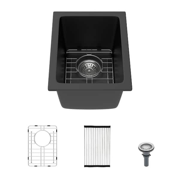 12 × 16 in. Black Quartz/Granite Composite Undermount Bar Sink Singel Bowl Prep Sink with Accessories